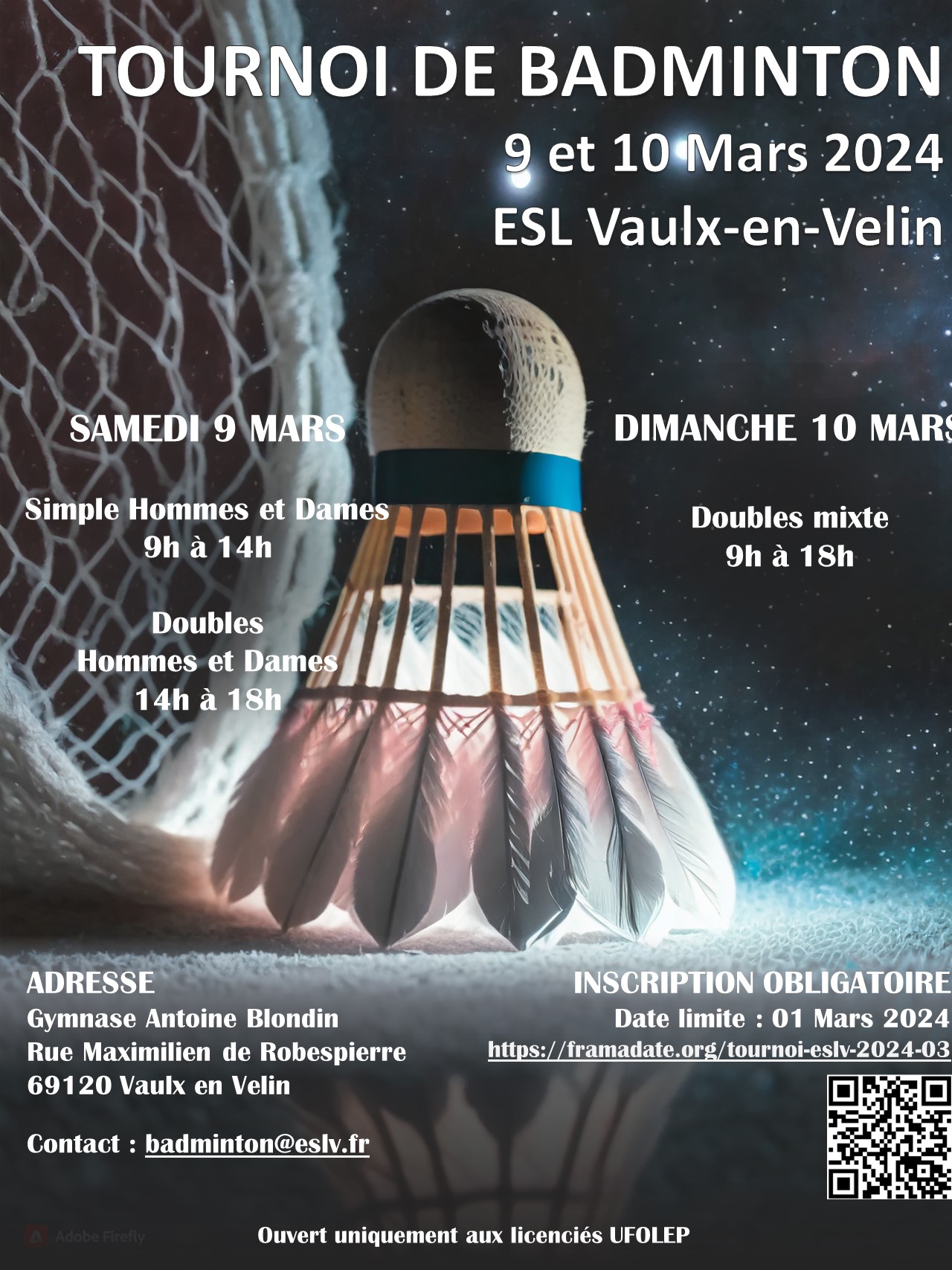 Tournoi UFOLEP de badminton le 9 et 10 Mars 2024